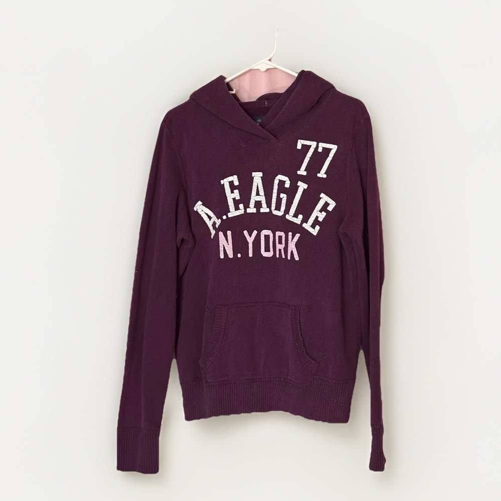 Vintage Y2K American Eagle Hoodie Women L Sweatshirt Purple Pullover Embroidered